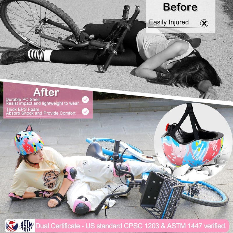 FIODAY Kids Helmet, Bike Helmets for Kids 8-14 with Knee Pads and Elbow Pads Wrist Guards, Adjustable Youth Girls Bike Helmet with DIY Cat Ears Skateboard Helmet for Scooter Skating Cycling - Image 3